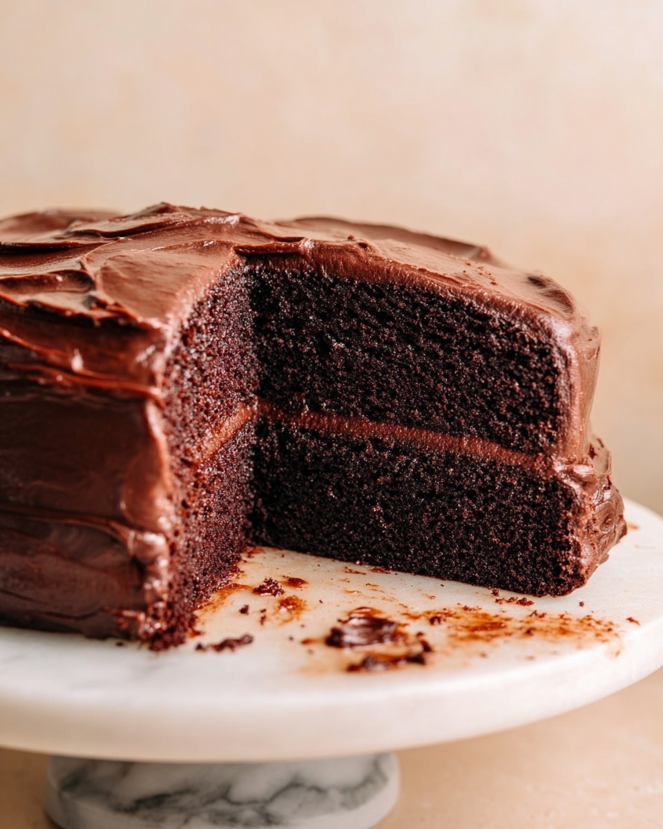 A two-layer rich chocolate cake with thick, shiny chocolate frosting both between the layers and covering the top and sides, sliced to show the dark, moist cake and the creamy, smooth frosting. The cake sits on a round white marble stand with some frosting and crumbs on its surface. The background is soft and plain with a light beige color. photo taken with an iphone --ar 4:5 --v 7