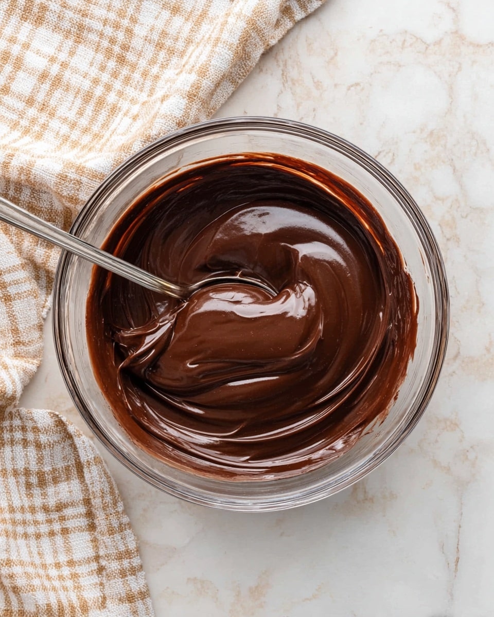 A clear glass bowl filled with one dark brown, smooth, and creamy chocolate mixture. The chocolate has a shiny surface with gentle swirls, and a metal spoon is partially dipped into it on the left side of the bowl. The bowl is placed on a white marbled surface, and there is a beige and white checkered cloth partially visible at the top left corner. Photo taken with an iphone --ar 4:5 --v 7