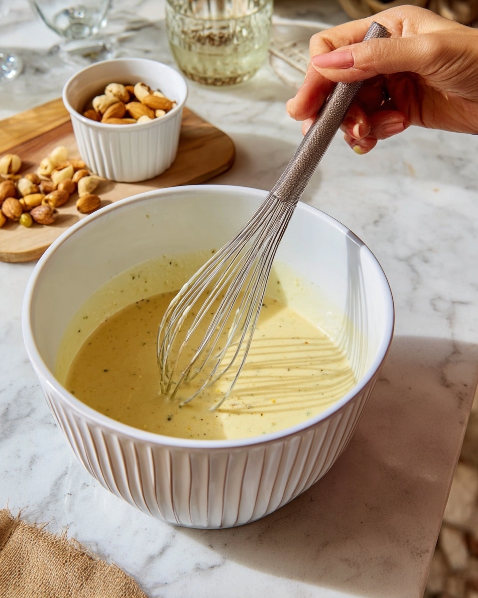 A white bowl with ribbed sides holds a pale yellow, slightly thick sauce with small flecks, being mixed by a silver whisk held by a woman's hand with light pink nail polish. The bowl is placed on a white marbled surface. In the background, there is a small white fluted cup filled with light brown nuts and a wooden board with a glass and a piece of paper on it. The scene is softly lit in natural light. photo taken with an iphone --ar 4:5 --v 7