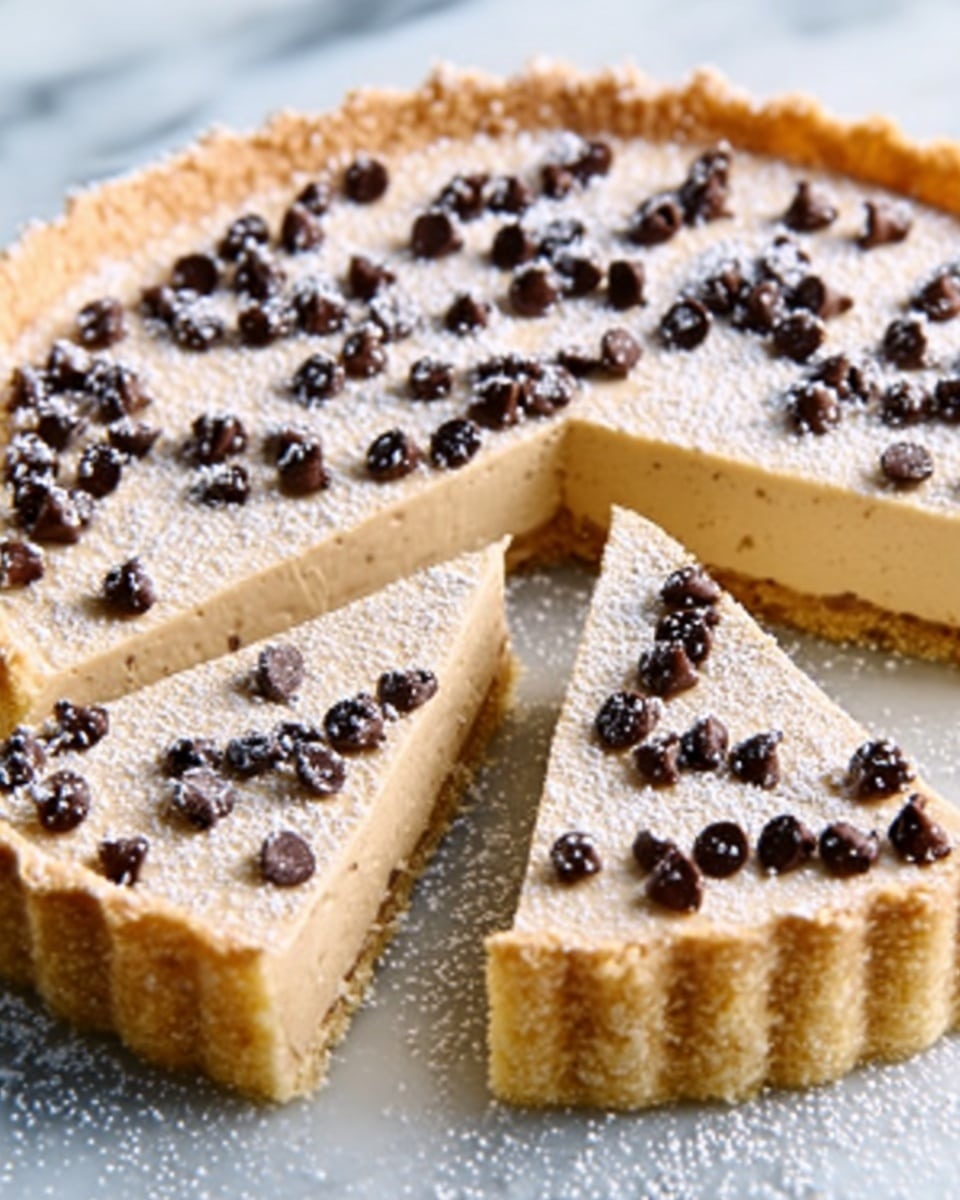 The image shows slices of a creamy tart with a light brown crust and a smooth beige filling. Small dark chocolate chips are spread evenly on top and some powdered sugar is dusted over them. One slice is slightly moved away from the main tart, revealing the thick layer of filling inside the golden-baked crust. The tart rests on a white marbled surface. photo taken with an iphone --ar 4:5 --v 7
