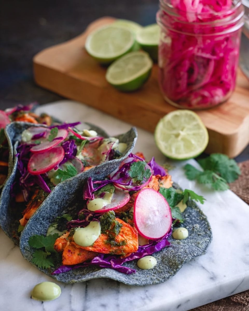 Two tacos are shown resting on a white marbled surface, each folded with blue corn tortillas. Inside the tortillas are layers of orange grilled chicken, bright green cilantro leaves, thin purple cabbage strips, pink pickled onions, and slices of red radish. There are dollops of pale green sauce on and around the tacos. Behind the tacos, there is a wooden board with lime wedges and a jar filled with pink pickled vegetables, adding more color to the scene. Photo taken with an iphone --ar 4:5 --v 7