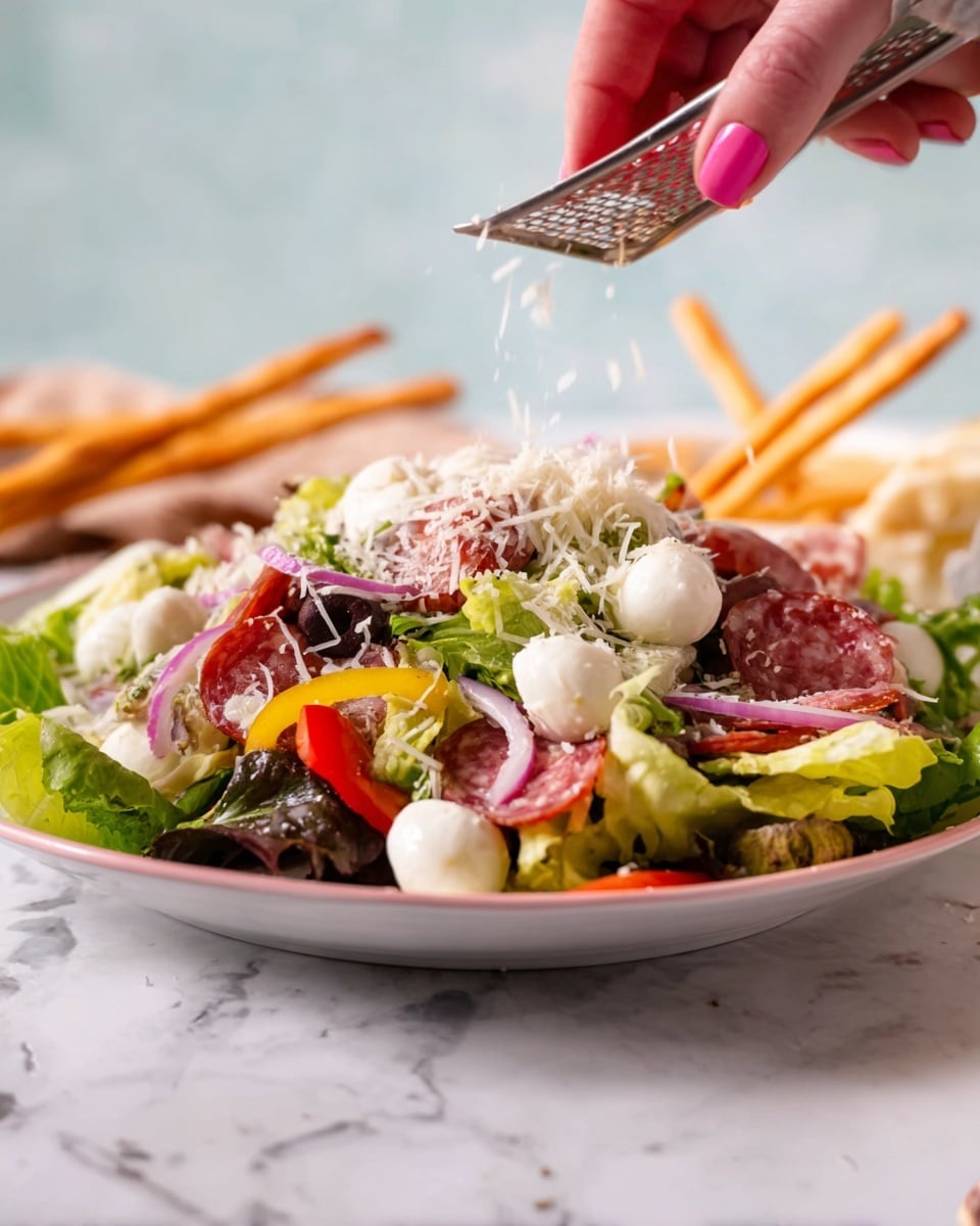 A white plate sits on a white marbled surface with a colorful salad piled high. The bottom layer is made of mixed green lettuce leaves, some red onion slices, and chunks of red and yellow bell peppers. On top of this, there are round white mozzarella balls and thin strips of pinkish-red salami scattered across the salad. Black olive slices are also mixed in. A woman's hand with pink nail polish is grating white cheese over the salad, falling gently on the top. In the background, some breadsticks are slightly blurred, adding depth to the image. Photo taken with an iphone --ar 4:5 --v 7