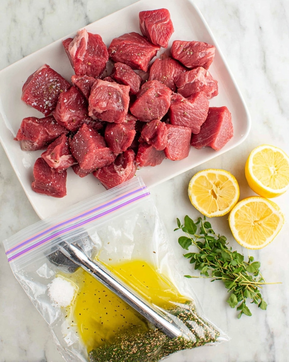 On a rectangular white plate sitting on a white marbled surface, there are many pieces of raw red meat cut into roughly equal-sized cubes, showing some light fat lines. Below the plate is a clear ziplock bag partially open, filled with a yellow liquid marinade. Inside the bag, there are layers of small green herbs, white salt, and ground black pepper floating on the marinade. A woman’s hand is holding a metal garlic press over the bag. To the right of the bag, there are three lemon halves and a small bunch of fresh green herbs, all placed on the same white marbled surface. Photo taken with an iphone --ar 4:5 --v 7