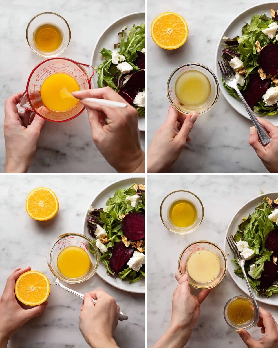 The image shows four steps of making an orange dressing for a beet salad on a white marbled surface. In the first step, a woman's hand presses juice from half an orange into a clear measuring cup with red markings. Nearby, a small clear bowl holds a yellow liquid, and some salad with green leaves, dark red beet slices, white cheese, and nuts sits on a white plate at the top right. The second step shows a woman's hand pouring a light yellow liquid from the measuring cup toward the small clear bowl. In the third step, two woman's hands hold the small bowl while one uses a fork to mix the dressing. The orange half sits beside the bowl and the salad remains on the white plate. In the final step, a woman's hand holds a small glass container filled with the mixed dressing above the salad plate and orange half. Photo taken with an iphone --ar 4:5 --v 7