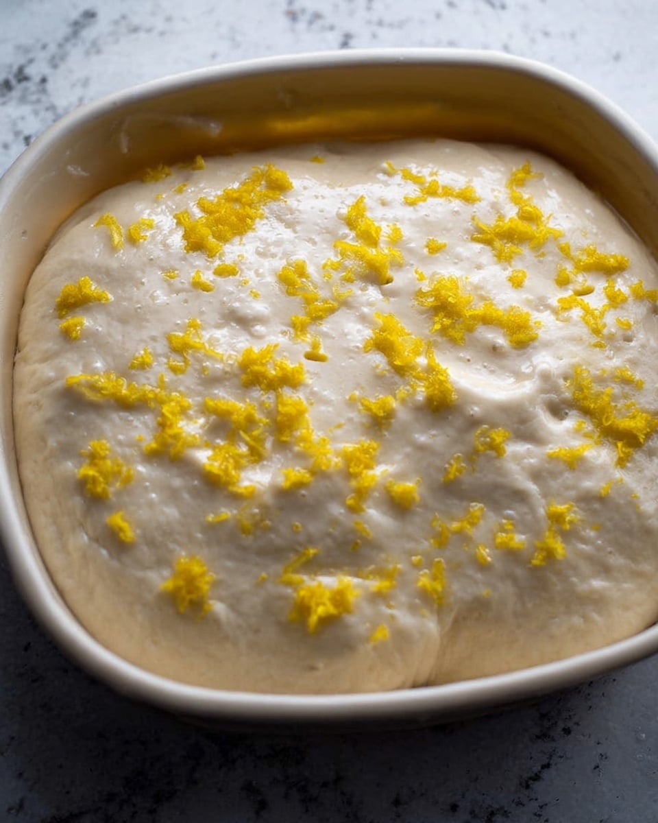 A shallow white glass dish filled with risen, light beige dough that has a smooth, slightly bubbly texture, topped with scattered small bright yellow zest pieces. The dough spreads evenly but softly rises near the edges of the dish. The background shows a white marbled surface. Photo taken with an iphone --ar 4:5 --v 7