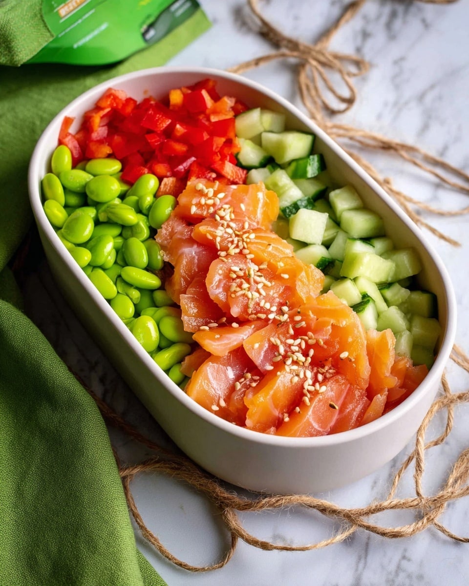 The image shows a white oval bowl filled with four layers of fresh food. At the back, bright green edamame beans form a small pile. To the left, there is a section of red diced bell peppers. In the middle, several thin slices of orange smoked salmon are layered with white sesame seeds sprinkled on top. At the front, chopped cucumber pieces add a light green layer. The bowl is shown close-up on a white marbled surface with a green cloth and some strands of twine around it, photo taken with an iphone --ar 4:5 --v 7