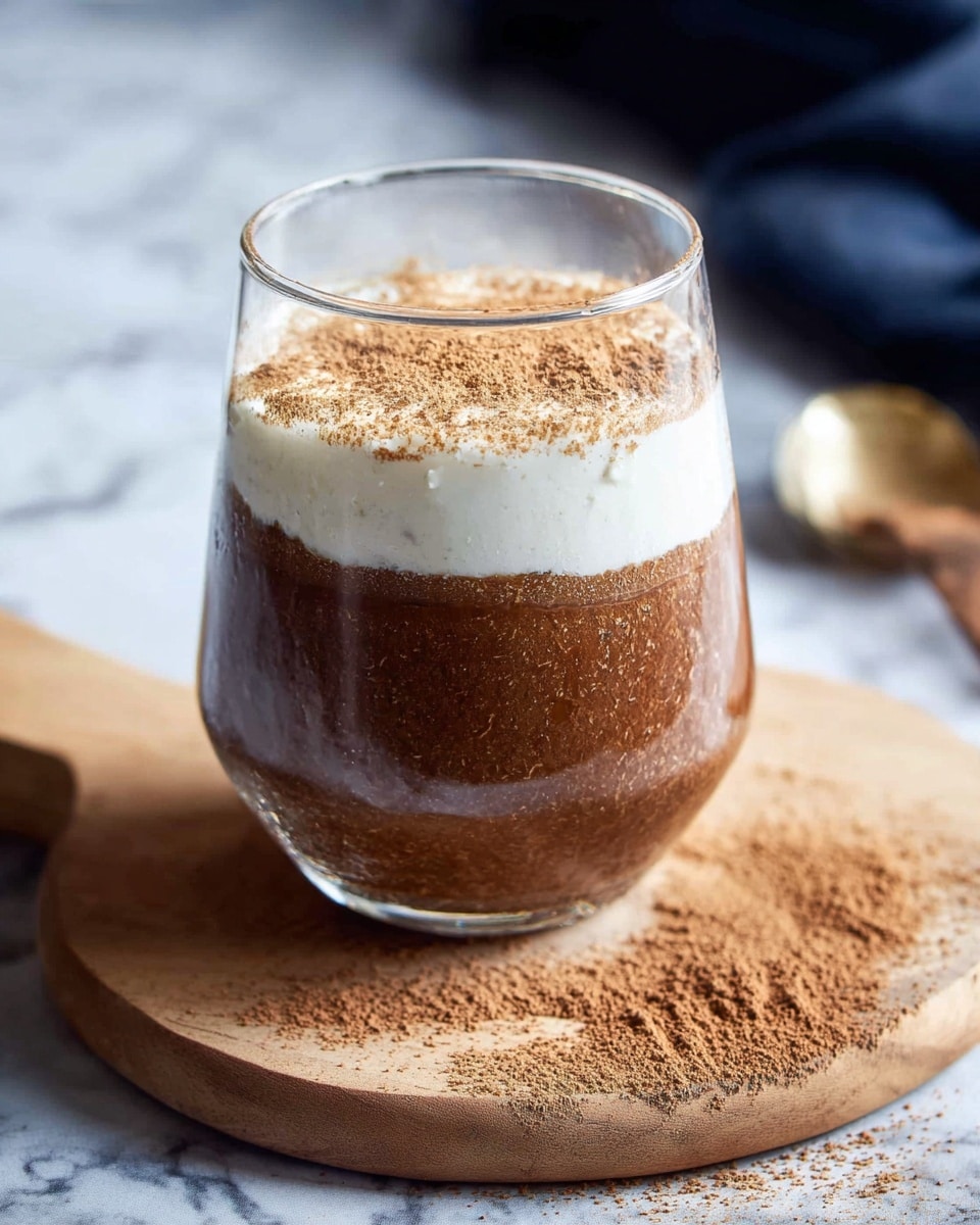 A clear glass filled with three layers: the bottom two-thirds is a thick, dark brown textured pudding; above it is a thinner layer of white cream; the top is dusted with a light brown powder that looks like cinnamon. The glass sits on a round wooden board with some powder lightly sprinkled around its base. The background is a white marbled surface. Photo taken with an iphone --ar 4:5 --v 7