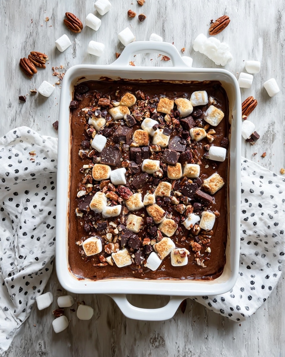 The image shows a white baking dish with two handles, lined with parchment paper, filled with a rich brown melted chocolate batter, topped with a scattered mix of toasted mini marshmallows, dark brown chocolate chunks, and shiny pecan pieces. The surface is slightly uneven with visible melted spots and different textures from the toppings, creating a warm, rustic look. The dish is placed on a white marbled textured surface with some mini marshmallows and pecan pieces scattered around, and a white cloth with black dots to the side. Photo taken with an iphone --ar 4:5 --v 7
