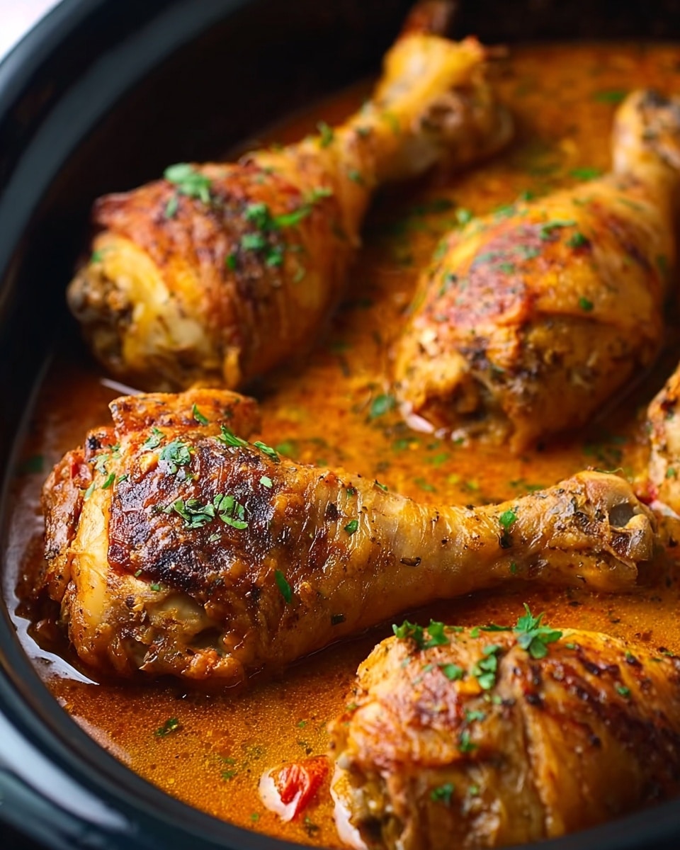 The image shows five cooked chicken drumsticks inside a black dish, with a thick orange-brown sauce filling the base. The drumsticks have a crispy, browned skin with some visible herbs sprinkled on top, adding green spots on the golden-brown surface. The sauce looks rich and slightly chunky with hints of red and small herb pieces, covering the bottom of the dish and touching the drumsticks on the sides. Photo taken with an iphone --ar 4:5 --v 7