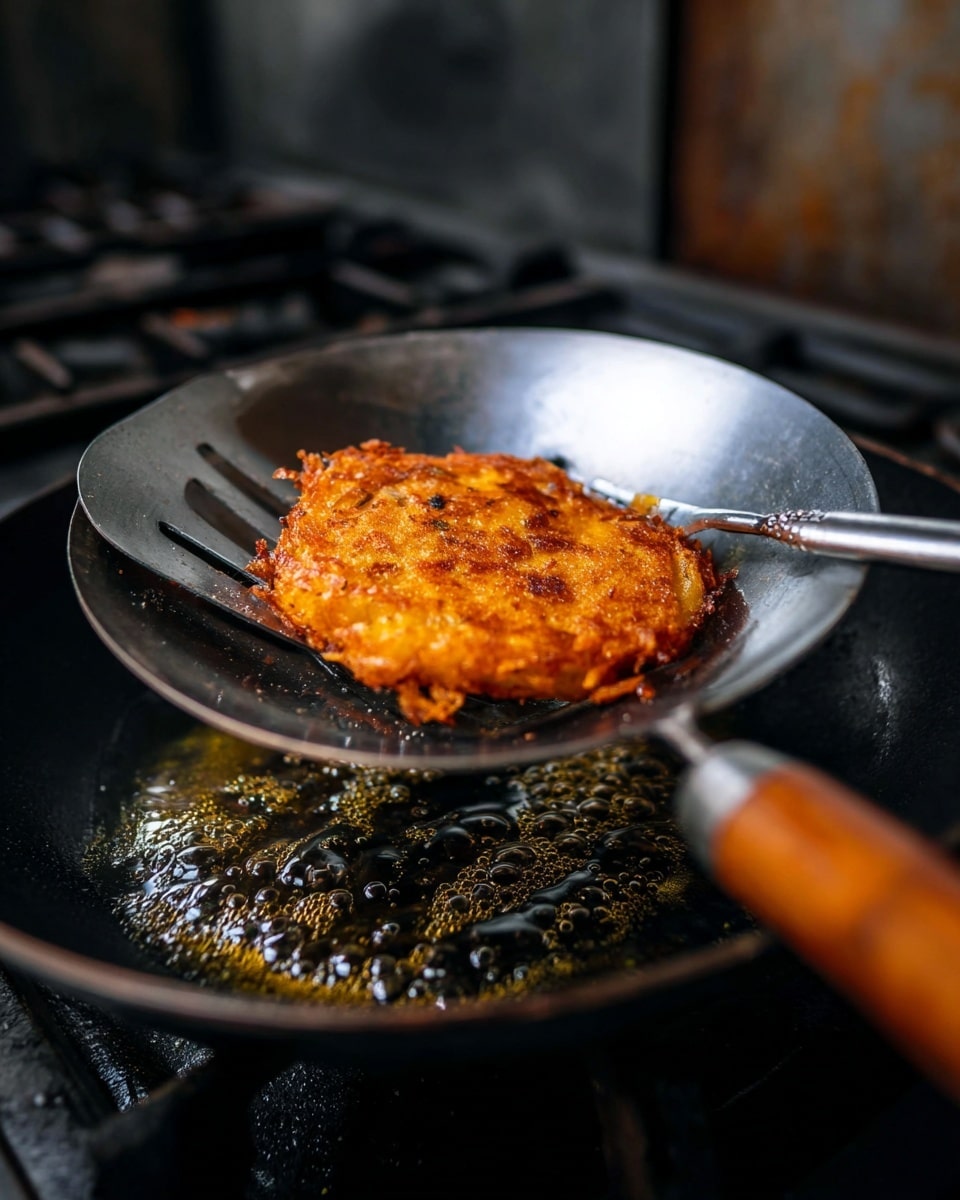 The image shows a black frying pan filled with bubbling hot oil, frying three round, yellowish fritters. Each fritter has visible small pieces of vegetables like white bean sprouts and green peas embedded in the textured, uneven surface. The oil bubbles rapidly around the edges of the fritters, showing the cooking process. The pan fills most of the frame, sitting on a stove with a blurred white marbled texture in the background. photo taken with an iphone --ar 4:5 --v 7