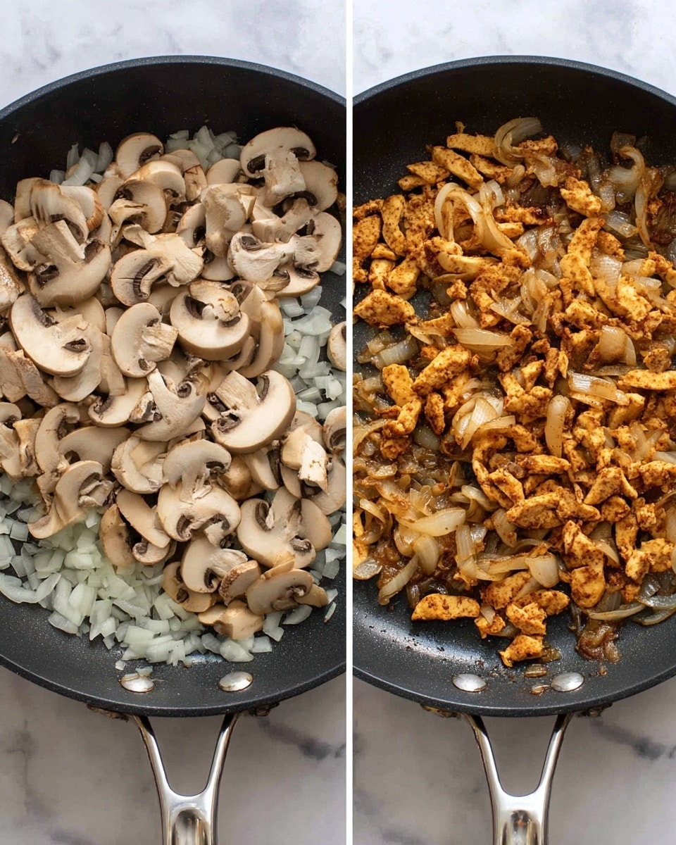 Two images side by side show cooking progress in a black frying pan with a silver handle on a white marbled surface. The first image shows a layer of sliced light brown mushrooms mixed with chopped white onions, partially soft and steaming. The second image shows the same pan but now filled with a layer of golden-brown cooked strips of textured protein mixed with browned onions and mushrooms, all lightly crispy and cooked evenly. Photo taken with an iphone --ar 4:5 --v 7