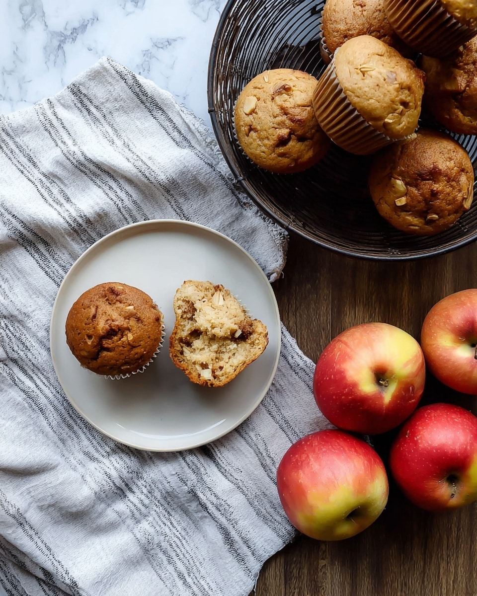 A white plate holds a single muffin that is split into two uneven pieces, showing a soft inside with small chunks of fruit or nuts embedded. The muffin has a golden-brown top with a slightly bumpy texture. Near the plate, a wire basket lined with a striped white cloth is filled with whole muffins that have the same golden-brown tops and slightly rounded shapes. On the right side, a light-colored cloth holds four shiny red apples with light yellow patches. The whole scene is set on a white marbled surface. photo taken with an iphone --ar 4:5 --v 7