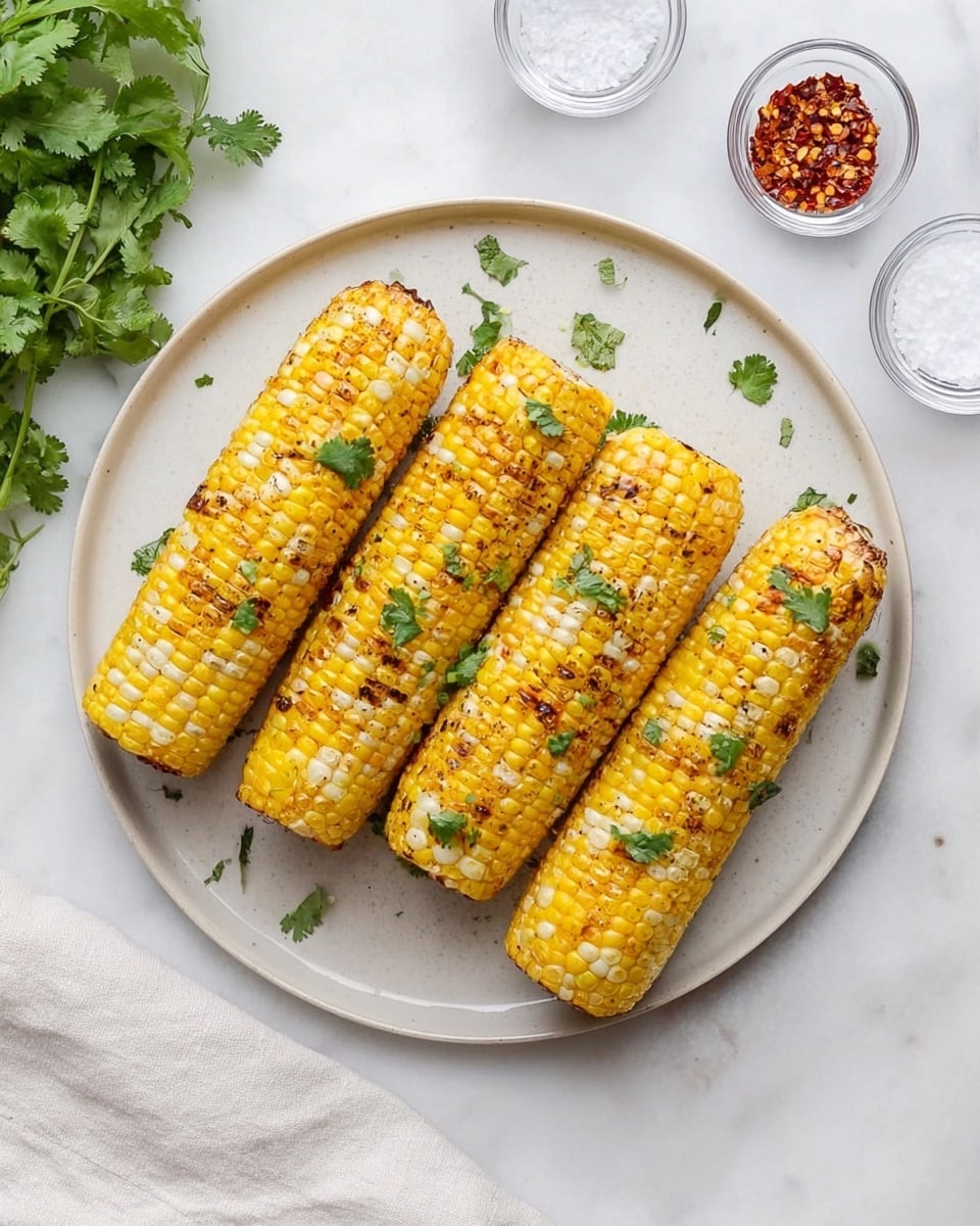 The image shows four pieces of grilled corn on the cob placed side by side on a large white plate. Each corn piece has a golden yellow and light white color with small charred spots giving a slightly grilled texture. Small green cilantro leaves are scattered on and around the corn, adding a fresh touch. The plate is set on a white marbled surface with small clear bowls of seasonings like red chili flakes, salt, and fresh cilantro nearby. A white cloth napkin is partially visible at the bottom left corner of the image. Photo taken with an iphone --ar 4:5 --v 7