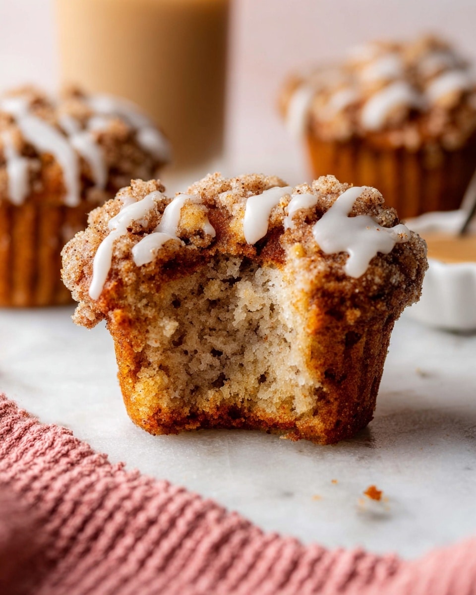 A close-up of a muffin on a white marbled surface shows a golden brown base with a crumbly texture and a rough uneven top layer made of streusel crumbs. The top is drizzled with thin white icing that runs down some of the crumb clusters. The muffin front-center has a bite taken out, revealing a soft, moist inside in light brown color with small specks. In the background, two more muffins of the same type are blurred but visible, and a glass with a creamy light brown drink can be seen. A pink textured cloth is partially visible in the lower left corner. photo taken with an iphone --ar 4:5 --v 7