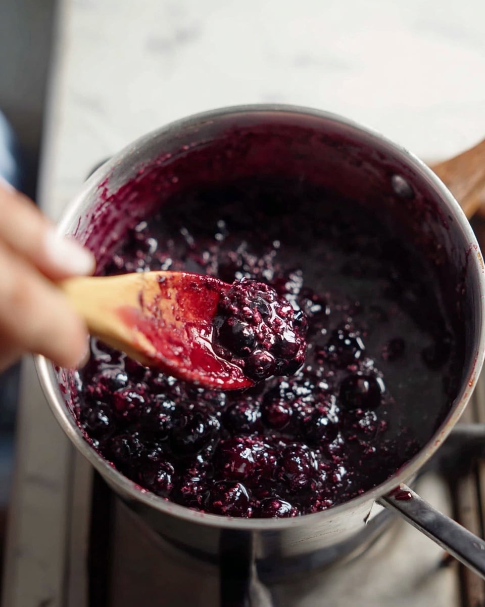 A close-up image of a metal pot filled with a thick, shiny mixture of cooked dark purple and black berries with some juice. The sauce looks rich and bubbly, with whole berries visible in the mixture. A wooden spoon with reddish-purple stains is partially dipped into the pot, stirring the berry sauce. A woman's hand holds the spoon. The pot is placed on a stove, and the background is a white marbled texture. The photo is taken with an iphone --ar 4:5 --v 7