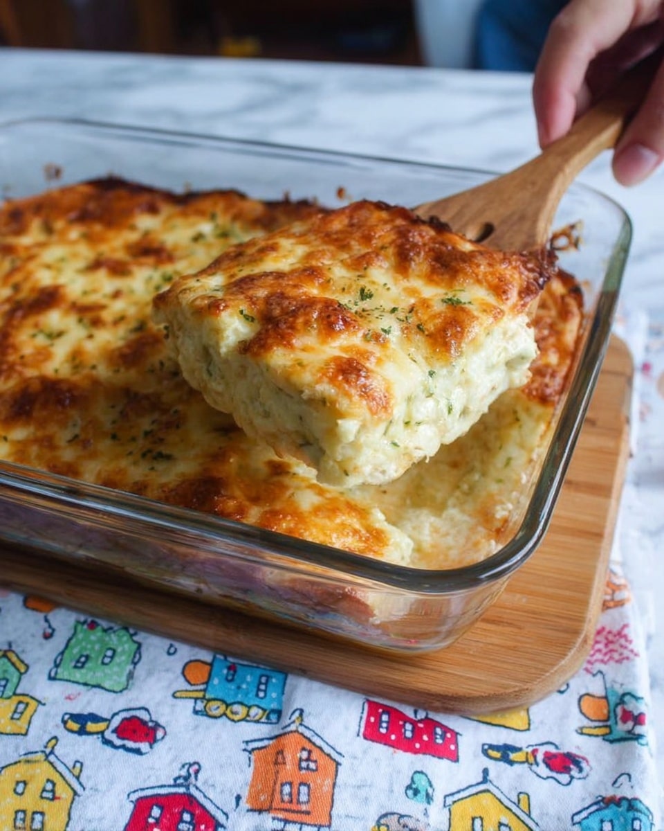 A clear glass baking dish filled with a thick, golden top layer of baked cheese that looks bubbly and slightly browned at the edges. Below the cheese, a moist, creamy layer with specks of herbs is visible, suggesting a rich filling. A woman's hand is lifting a square piece with a wooden spatula from the corner of the dish. The dish is resting on a wooden board covered with a colorful cloth patterned with small, bright house sketches, all set on a white marbled surface. Photo taken with an iphone --ar 4:5 --v 7