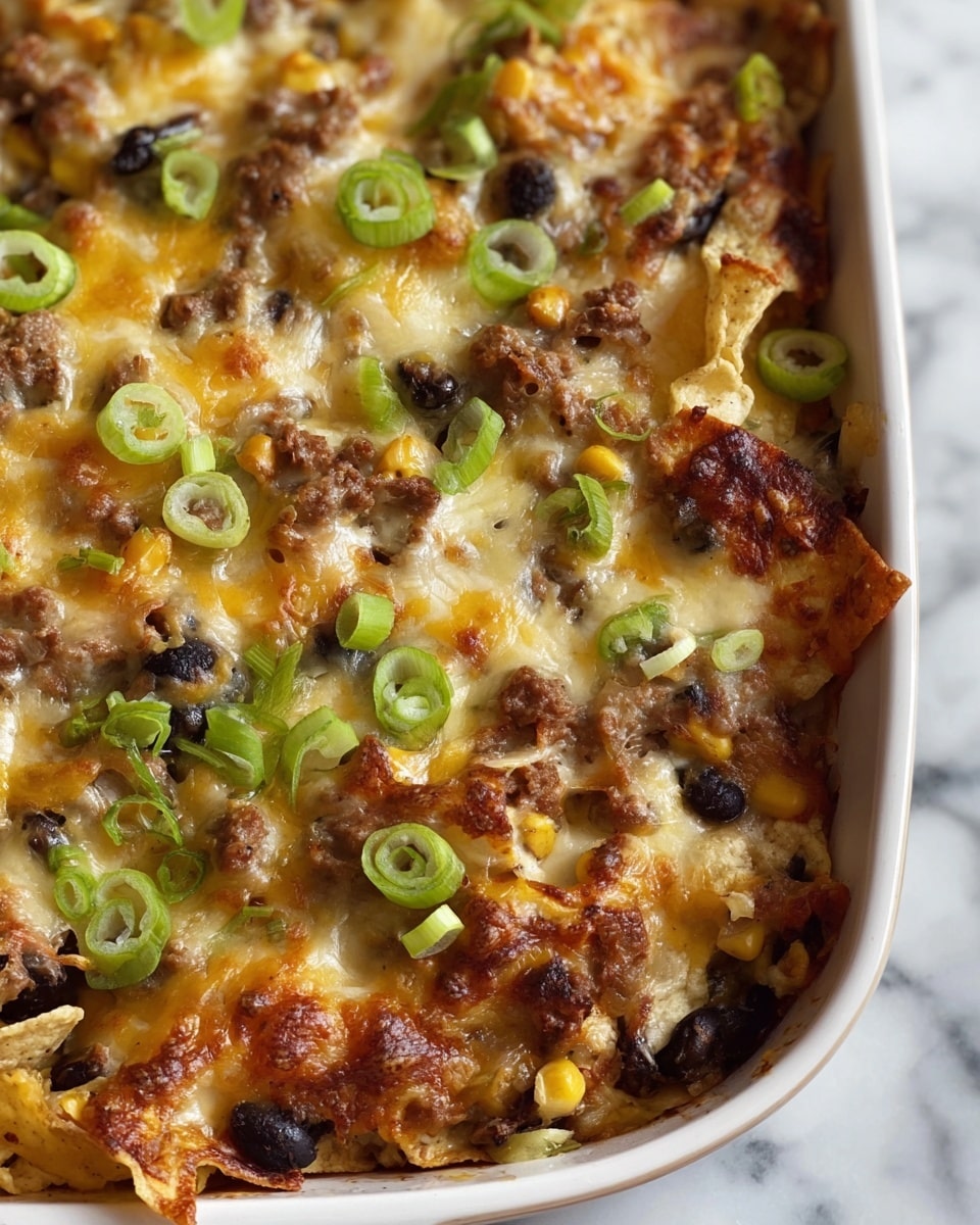 A close-up view of a baked dish in a white dish with melted golden cheese on top, scattered with small browned pieces of cooked meat, black beans, yellow corn, and soft tortilla chips peeking through the layers. Fresh green sliced scallions are sprinkled over the top, adding a pop of color. The texture shows melted, slightly browned cheese with some crispy edges, and the casserole sits on a white marbled surface. photo taken with an iphone --ar 4:5 --v 7