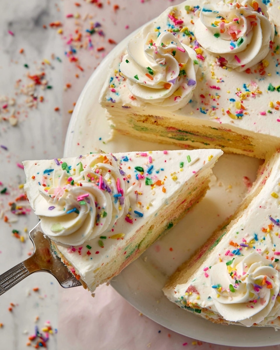 The image shows a white round plate with slices of a creamy, light beige cake that has colorful sprinkles mixed into the cake and on top. Each slice has a thick layer of white whipped cream frosting decorated with more bright, multicolored sprinkles. The whipped cream is swirled into a rosette shape on top of each slice. The plate is on a white marbled surface, with some scattered sprinkles and cake crumbs around it. A metal cake server is visible holding a slice of the cake, showing the soft texture and layered look of the cake. photo taken with an iphone --ar 4:5 --v 7