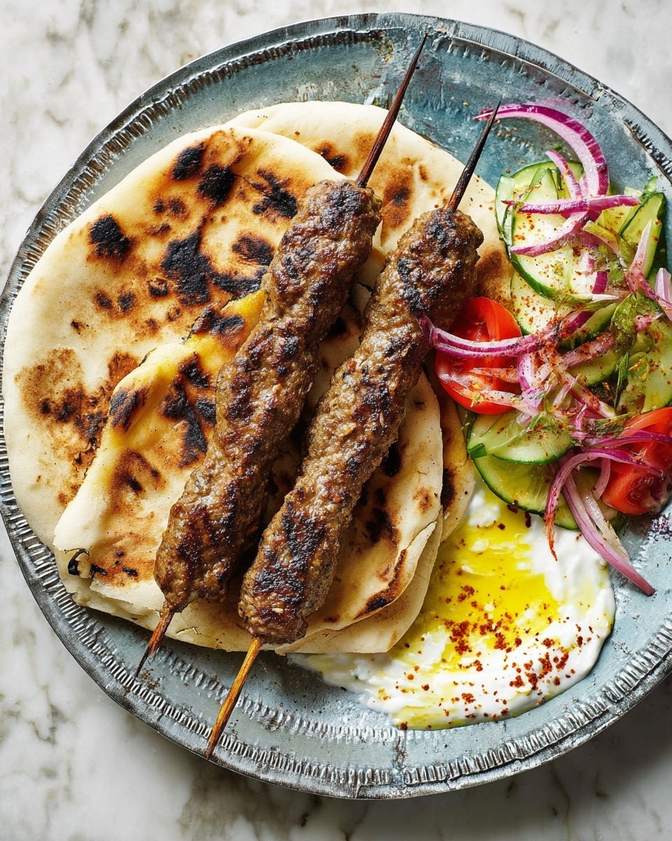 Three grilled meat skewers with a browned, slightly charred texture are arranged side by side on two pieces of flatbread that have dark char marks. The flatbread is placed on a round white plate with a raised decorative edge. On the right side of the plate, there is a fresh salad made of sliced cucumber, red tomato pieces, and thin slices of red onion. A serving of creamy white sauce with a hint of yellow oil and sprinkled with a touch of reddish spice is also visible near the salad. The plate sits on a white marbled surface. Photo taken with an iphone --ar 4:5 --v 7
