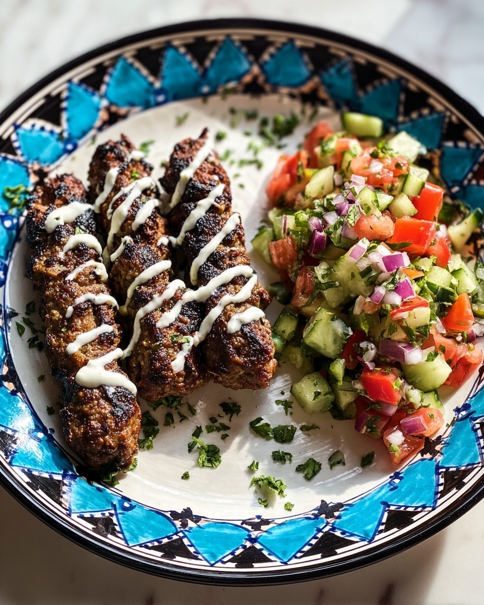 Three grilled meat skewers with charred spots and a drizzle of white sauce lie side by side on the left of a large white plate with blue and black star patterns. To the right, there is a pile of finely diced cucumber, tomato, red onion, and parsley salad, showing vibrant red, green, and purple colors. The plate sits on a white marbled surface, and soft natural light highlights the textures and colors. photo taken with an iphone --ar 4:5 --v 7