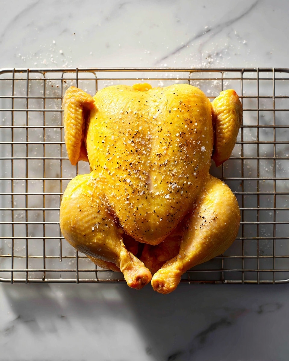 A raw whole chicken is flattened and placed on a metal wire rack, showing its yellow skin sprinkled with salt and pepper. The chicken's wings and legs spread out on each side, and the texture of the skin is slightly bumpy and moist. The wire rack sits on a white marbled surface, and the lighting highlights the chicken’s details clearly. The scene looks clean and ready for cooking photo taken with an iphone --ar 4:5 --v 7