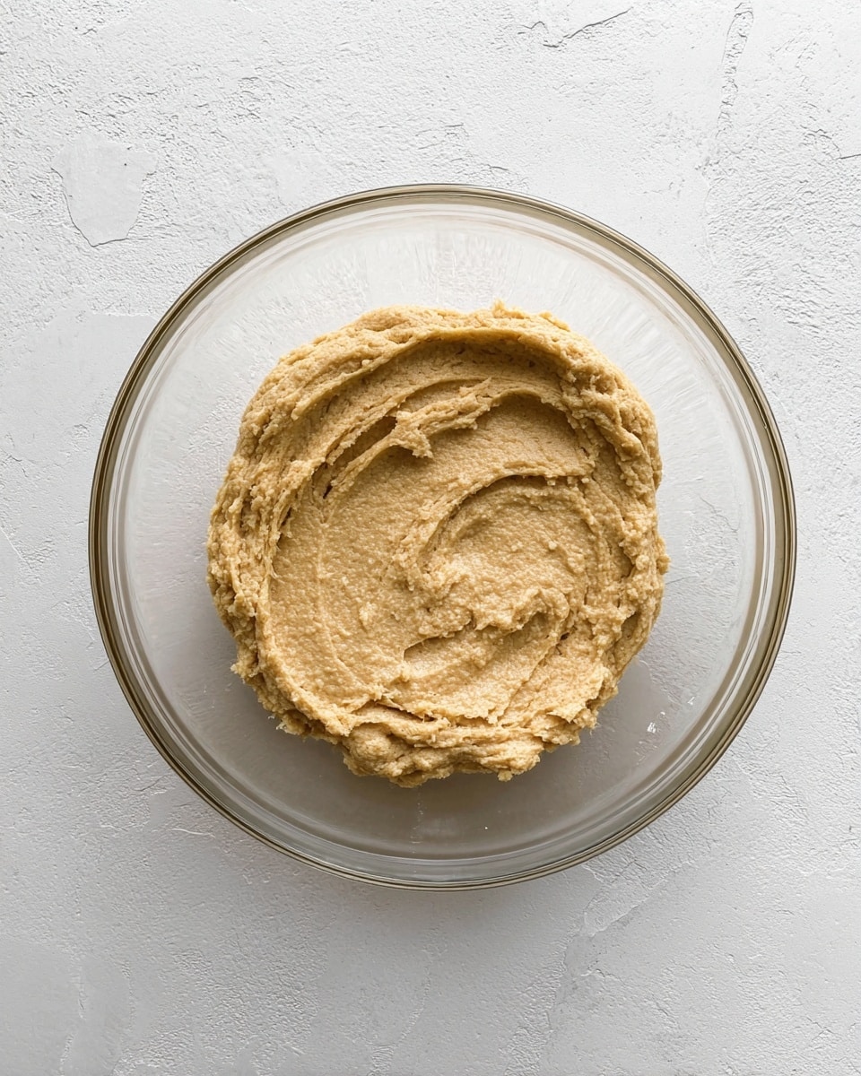 A clear glass bowl holds a single layer of light brown dough with a rough, slightly grainy texture. The dough is thick and spread evenly in the center of the bowl with visible swirls on the surface. The bowl sits on a white marbled texture surface, adding contrast to the natural tone of the dough. The photo is taken from above, clearly showing the dough's shape and texture photo taken with an iphone --ar 4:5 --v 7