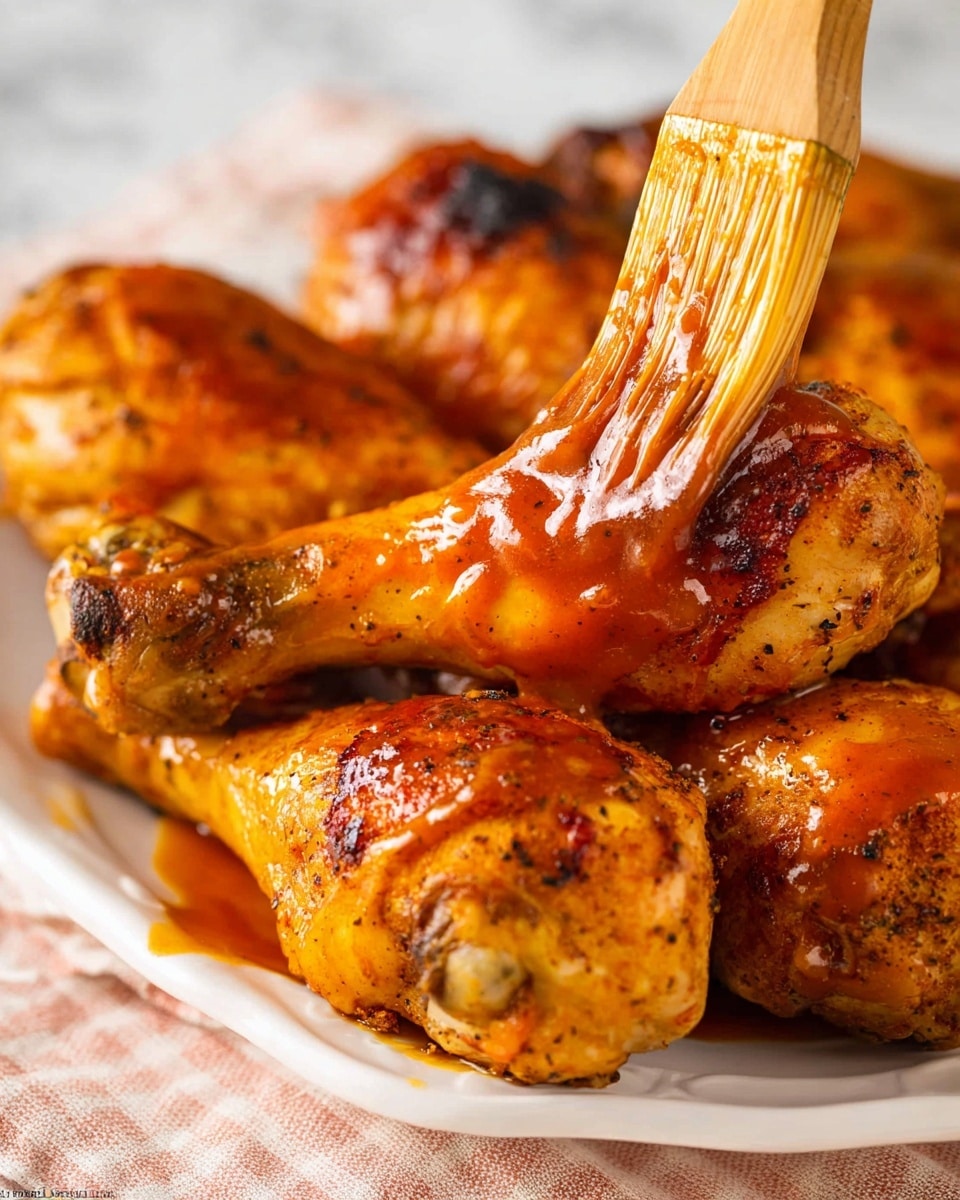 A close-up view shows several cooked chicken drumsticks stacked on a white plate. The drumsticks have a rich brown and orange color with a slightly crispy texture, showing spices on the skin. A wooden brush is spreading a shiny orange sauce over the top drumstick, with the sauce covering part of the skin and dripping slightly, adding a glossy finish. The background is a soft white marbled texture. photo taken with an iphone --ar 4:5 --v 7