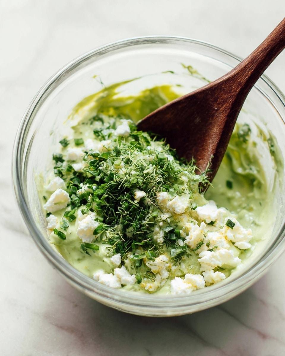 A clear glass bowl holds a mix of layers starting with a creamy light green base, topped with small white chunks scattered around the bowl. On top of this are fresh green herbs finely chopped and sprinkled over generously. A wooden spoon with a dark brown color rests inside the bowl, partially blending with the ingredients. The bowl is placed on a white marbled surface, and the overall look is fresh and rustic with soft natural light. photo taken with an iphone --ar 4:5 --v 7