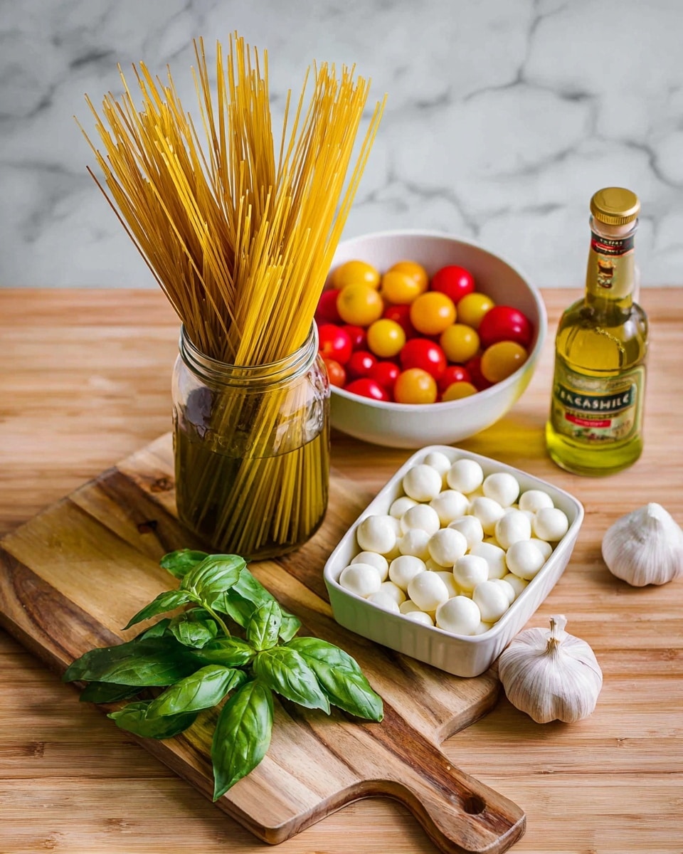 The image shows uncooked spaghetti standing upright in a clear glass jar with a light wooden table background replaced by a white marbled texture. A white plate is filled with many small white mozzarella balls, placed slightly left. To the right, a small white tray also holds similar mozzarella balls. Above them, a white bowl contains a mix of red, yellow, and orange small round and oval tomatoes. At the bottom, a light wooden cutting board holds fresh green basil leaves on the left and a clear glass bottle filled with olive oil with a yellow label and gold cap on the right, next to a whole garlic bulb. Photo taken with an iphone --ar 4:5 --v 7