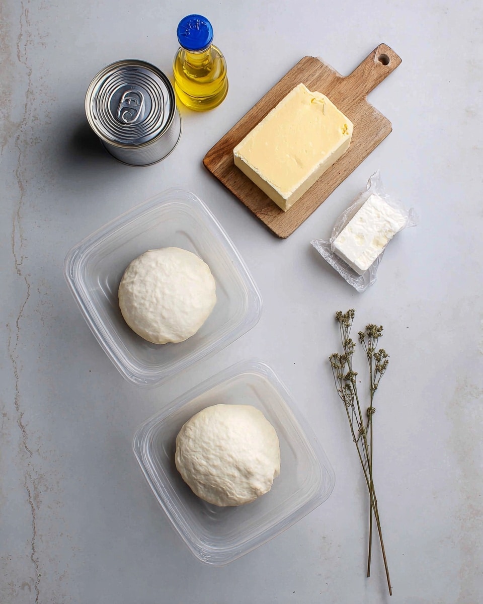 Two balls of white dough are placed inside clear plastic containers at the bottom of the image on a white marbled surface. Above them, on the left side, there is a silver can and below it a small bottle filled with yellow oil and a blue cap. To the right of these, a small white wrapped cube, likely butter, is near a small wooden cutting board holding two blocks; the top one is pale cream and smooth, while the bottom one is light yellow with a slightly textured surface. On the far right side, two thin dried plant stems with small green buds stand upright on the white marbled surface. photo taken with an iphone --ar 4:5 --v 7