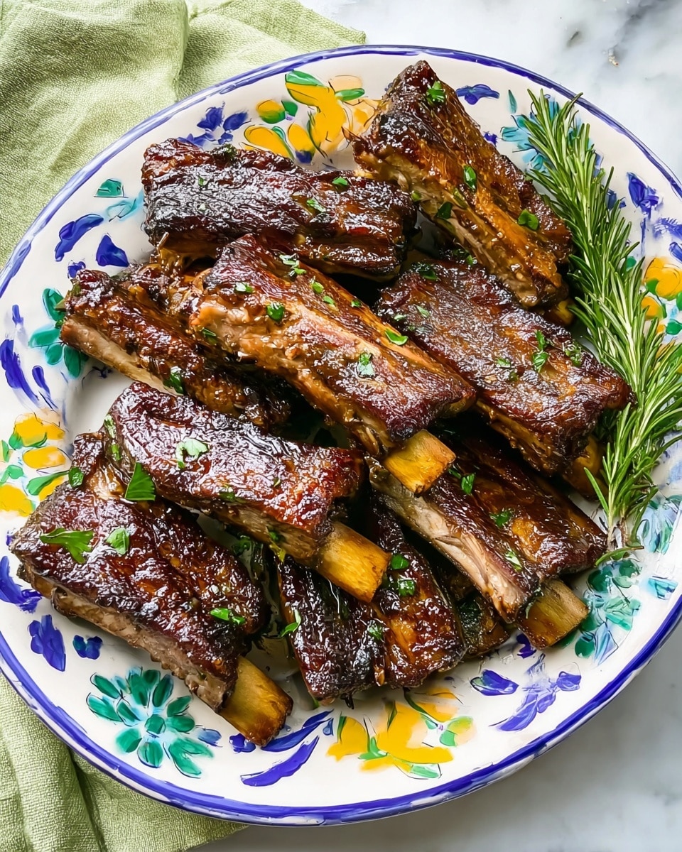 A white plate with a colorful blue, yellow, and green floral pattern holds eight grilled ribs stacked together. The ribs have a shiny, dark brown surface with a slightly charred texture, each showing the bone extending out from the meat. Small green herb pieces are scattered across the ribs, adding a fresh contrast, and a sprig of rosemary sits on the top right side of the plate. The plate is set on a white marbled surface with a light green cloth partially visible at the top left corner photo taken with an iphone --ar 4:5 --v 7