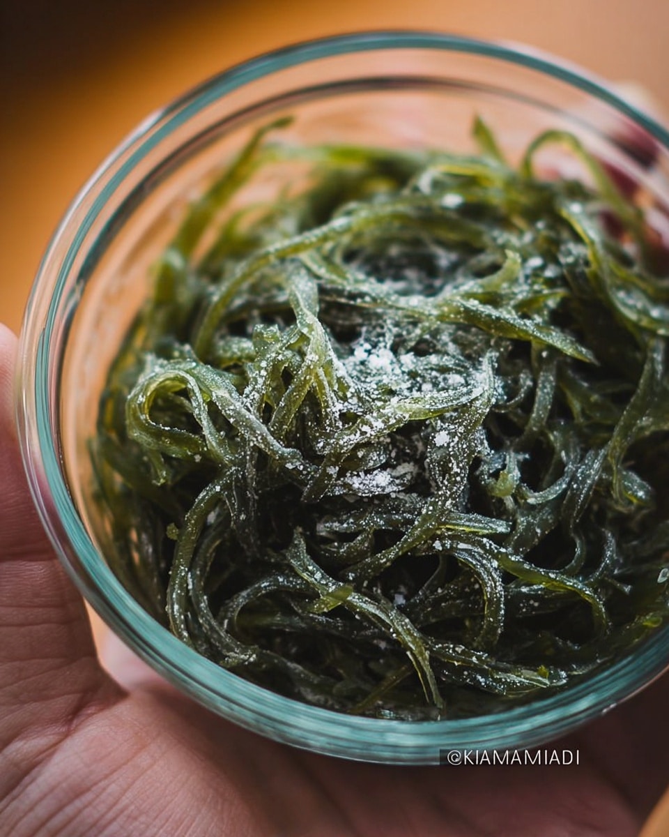 A close-up image shows a woman's hand holding a clear glass bowl filled with thin strands of dark green seaweed sprinkled with white salt crystals on top. The texture of the seaweed looks slightly wet but firm, and the strands are tangled together in layers inside the bowl. The background is blurred but has a warm color tone. photo taken with an iphone --ar 4:5 --v 7