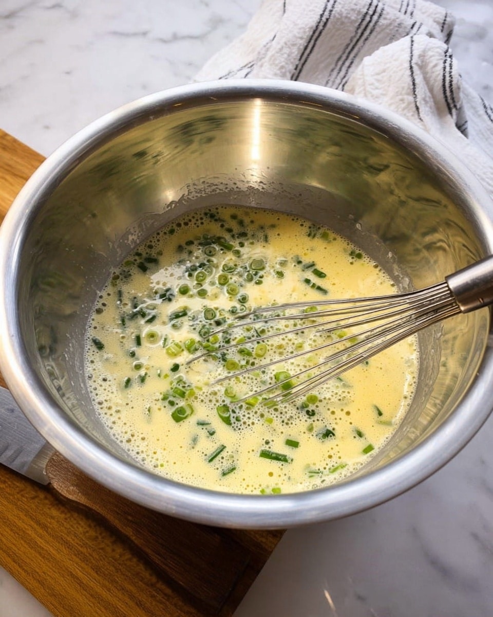 A shiny metal mixing bowl sits on a white marbled surface, filled with a frothy, light yellow liquid mixture with small green onion slices floating on top. A thin metal whisk is partially immersed in the mixture, resting against the side of the bowl. The texture of the liquid looks smooth with bubbles scattered across the surface. A wooden cutting board with a knife behind the bowl is slightly visible, as well as a white and gray striped cloth hanging in the background. Photo taken with an iphone --ar 4:5 --v 7