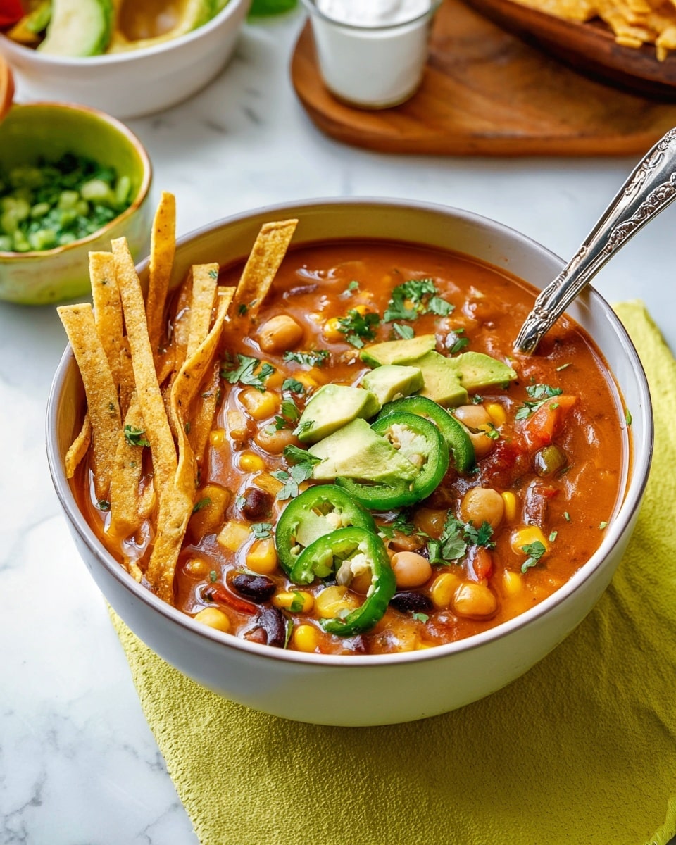A white bowl filled with thick reddish-orange soup containing visible chickpeas, corn, black beans, and small pieces of tomato, topped with bright green jalapeño slices and sprinkled with chopped fresh cilantro. On one side of the bowl, crispy light golden-brown tortilla strips stand upright, and on the other side, pale green avocado slices are partially visible. A vintage silver spoon is resting inside the bowl. The bowl sits on a white marbled surface with a light yellow napkin next to it, and in the background, a white bowl and a wooden board with more tortilla strips and small bowls of avocado and white sauce are partially visible. Photo taken with an iphone --ar 4:5 --v 7