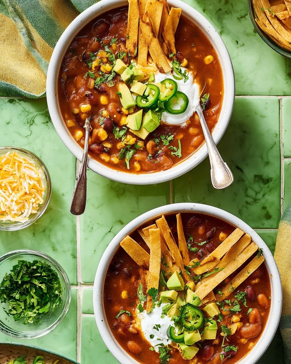 Two white bowls filled with thick, reddish-brown soup with visible chunks of corn, beans, and tomatoes sit on a white marbled green tile surface. Each bowl is topped with crispy, golden tortilla strips stacked vertically on one side. The soup includes bright green avocado pieces and sliced green jalapeños scattered on top. One bowl has a dollop of white sour cream with some shredded yellow and white cheese melted around it. Fresh chopped green herbs are sprinkled over the soup and around the bowls. There are two vintage silver spoons placed inside each bowl. Nearby, small glass bowls hold more chopped green herbs and shredded cheese. A light yellow folded napkin with a green edge lies beside one bowl. Photo taken with an iphone --ar 4:5 --v 7