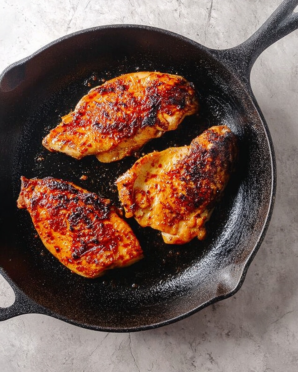 A black cast iron pan holds three cooked chicken pieces with a crispy, golden-brown and slightly reddish surface showing charred spots and visible seasoning. The pan has a rough black texture and a handle on the side. The background is a white marbled texture. photo taken with an iphone --ar 4:5 --v 7
