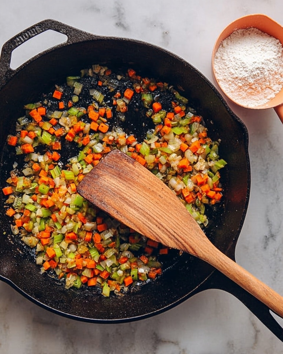 A black cast iron pan sits on a surface with a white marbled texture, filled with small diced vegetables including orange carrots, green celery, and light brown onions sautéed and mixed together evenly across the pan's center. A long wooden spatula with a broad flat end rests inside the pan, covering part of the vegetables. To the right, a white marbled surface holds a scoop filled with white flour in a peach-colored measuring cup. The scene looks vibrant with the fresh colors of the vegetables and the rustic look of the pan. photo taken with an iphone --ar 4:5 --v 7