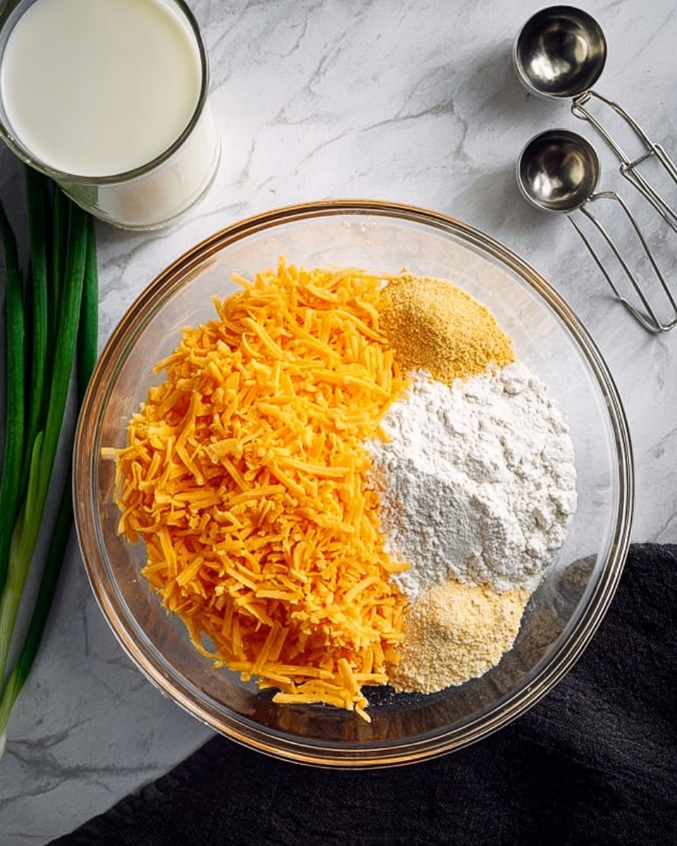 A clear glass bowl on a white marbled surface holds three main ingredients separated into neat sections: a large pile of bright orange shredded cheddar cheese on the top left, a heap of white flour filling the bottom half, and a smaller mound of yellowish powder seasoning on the upper right. To the left of the bowl, a glass filled with white milk is partially visible, and a few green onions lay on the surface near the top left corner. On the right side, two metal measuring spoons rest on the surface, and a black cloth is draped near the top right edge. The overall scene is clear, bright, and focused on the bowl with ingredients photo taken with an iphone --ar 4:5 --v 7