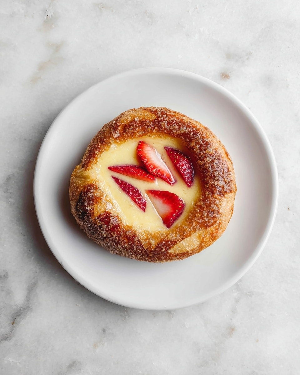 A round pastry sits in the center of a white plate on a white marbled surface. The pastry has a golden-brown top layer with a slightly rough texture, sprinkled with coarse sugar crystals. Inside the middle, there is a creamy yellow filling that is smooth and slightly sunken. On top of the filling, several small slices of red and white strawberry pieces are placed, showing both the red flesh and white core. The image is simple and focused on the single pastry. photo taken with an iphone --ar 4:5 --v 7