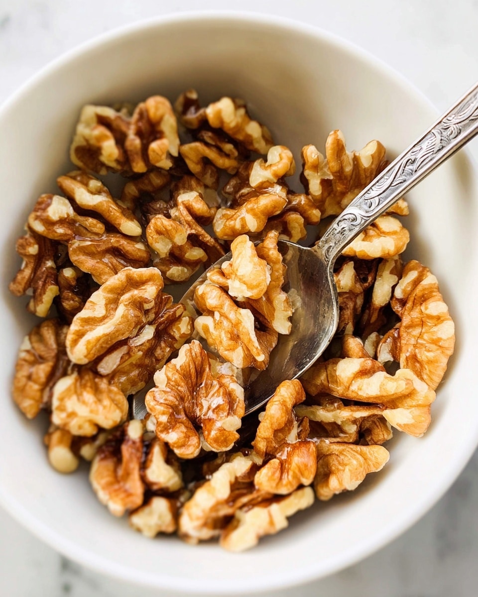 A close-up view of a white bowl filled with light and dark brown walnut pieces with rough, ridged texture. A silver spoon with a decorative handle is partly inserted into the bowl, touching the walnuts. The bowl is set on a white marbled surface. The lighting is bright and natural, highlighting the nuts' shiny, uneven surfaces. photo taken with an iphone --ar 4:5 --v 7