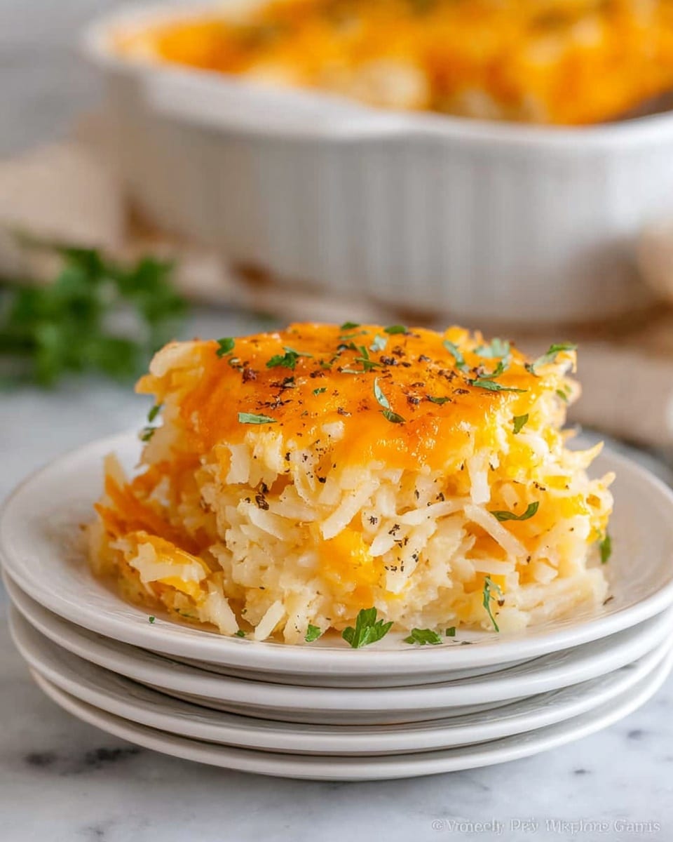 The image shows a serving of cheesy hash brown casserole on a stack of three white plates. The casserole has two main layers: the bottom layer is light golden, soft shredded potatoes mixed with a creamy texture, and the top layer is melted cheddar cheese that is bright orange and slightly bubbly. Small green parsley pieces are scattered on top along with a sprinkling of black pepper. In the blurry background, a white oven dish filled with more casserole is visible on a white marbled surface. The overall feel is warm and inviting. photo taken with an iphone --ar 4:5 --v 7