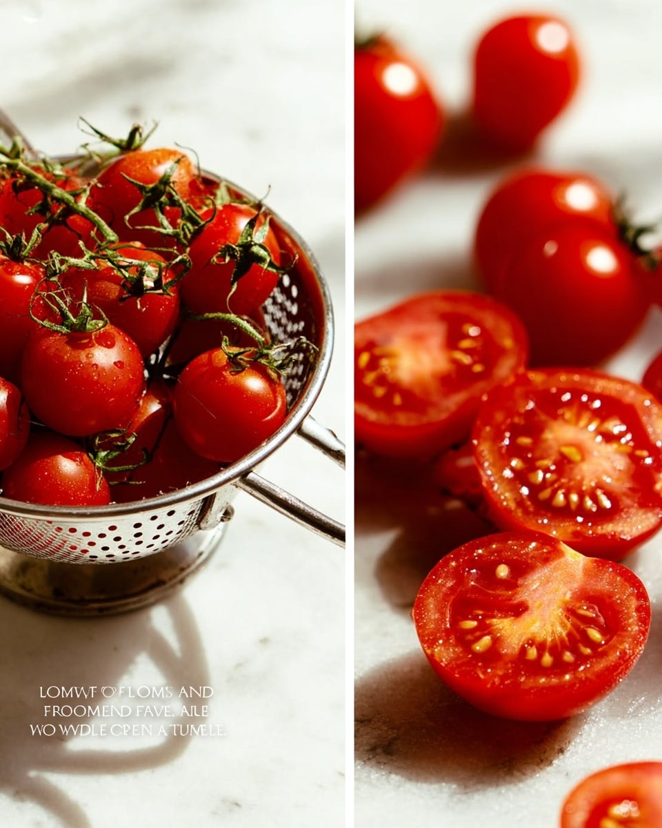 The image shows a metal colander filled with red tomatoes on the vine, resting on a white marbled surface. Outside the colander, a few tomatoes still on their vine and some loose tomatoes are scattered around on the surface. The second part of the image displays sliced tomato wedges arranged on the same white marbled surface, with shiny, juicy red textures and visible seeds. The background is softly blurred with warm lighting, highlighting the freshness and vibrant red color of the tomatoes. Photo taken with an iphone --ar 4:5 --v 7