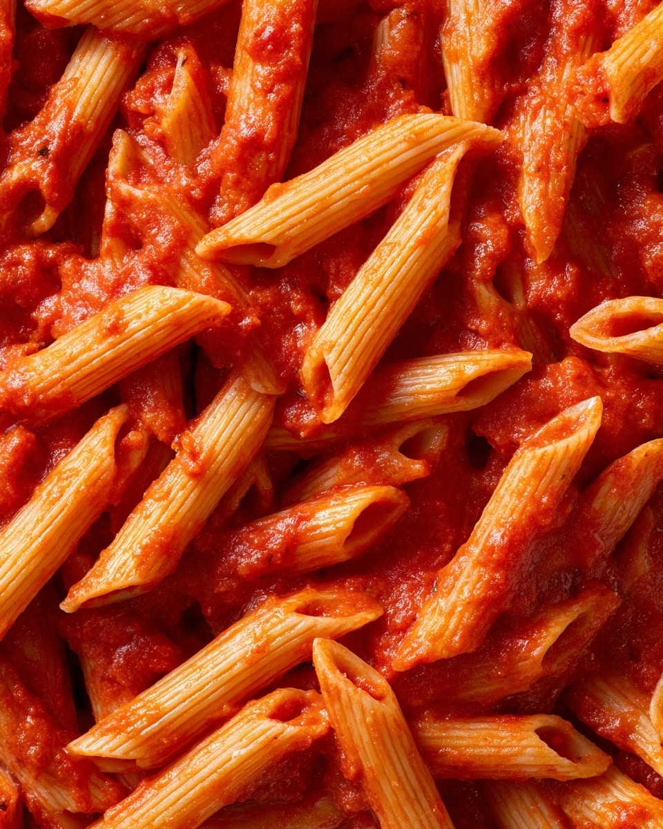 This image shows a close-up of penne pasta covered in a thick, smooth red tomato sauce. The pasta is golden in color with visible ridges, and each piece is coated evenly in the glossy sauce, which has a rich, slightly chunky texture. The pasta pieces are stacked closely together, filling the entire frame, with the red sauce filling the gaps between them. The background is a white marbled texture. photo taken with an iphone --ar 4:5 --v 7
