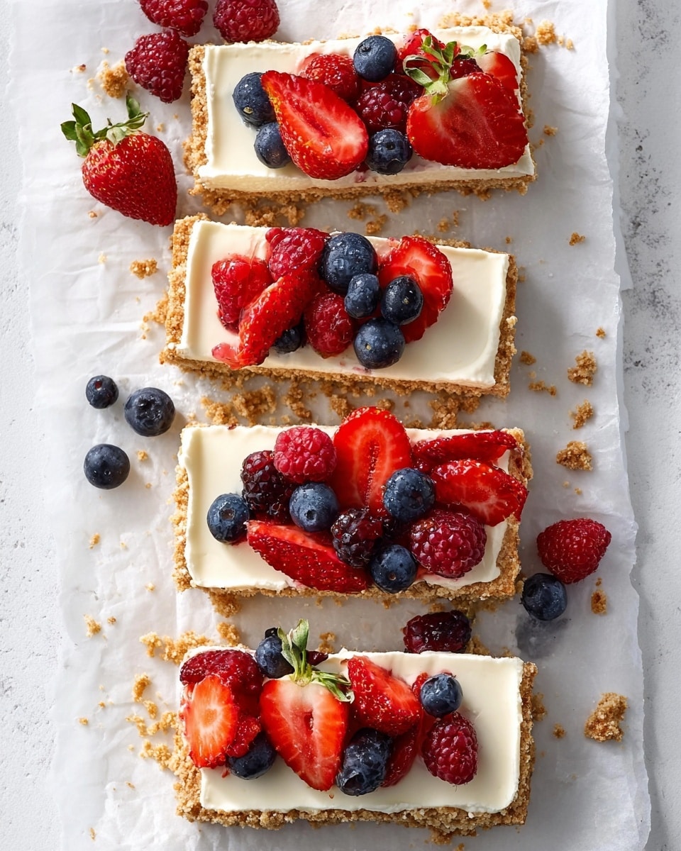 The image shows four rectangular slices of a dessert arranged vertically on white parchment with a white marbled background. Each slice has three distinct layers: a light brown crumbly crust at the bottom, a smooth, creamy white layer in the middle, and a topping of fresh berries on top. The berries include whole and halved red strawberries, deep red raspberries, and round blue blueberries scattered across the slices and some also on the parchment around them. The edges of the crust are slightly uneven, showing a rustic texture. The dessert looks fresh and colorful with the contrast between the creamy layer and vibrant berries. Photo taken with an iphone --ar 4:5 --v 7
