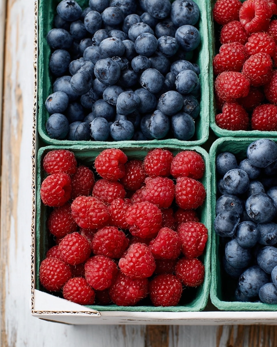 The image shows a close-up of a white cardboard box divided into four sections, each holding a green paper basket filled with fresh berries. The top two baskets are full of round, plump blueberries in deep blue color with a soft matte texture, while the bottom two baskets contain bright red raspberries with a detailed, bumpy texture. The box is placed on a white marbled surface with some rough wooden texture visible at the corners. photo taken with an iphone --ar 4:5 --v 7