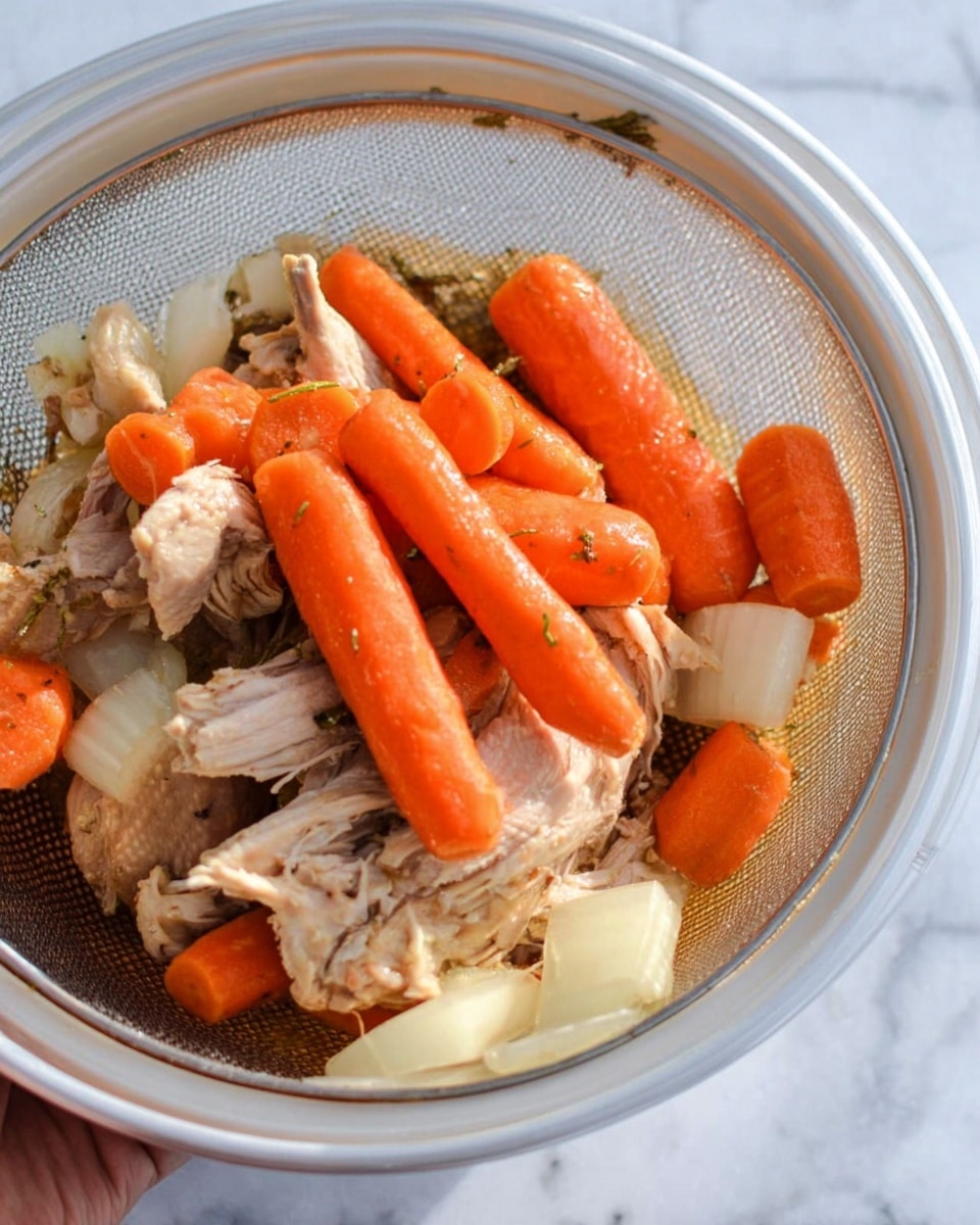 The image shows a clear white colander filled with cooked chicken pieces, orange carrot sticks, smaller whole carrots, and translucent cooked onion slices. The chicken is light brown with some texture from the cooked skin and bones visible, placed mainly at the bottom layer. Bright orange carrots, both large and small, sit on top and around the chicken. The onions add a pale white color between the chicken and carrots, adding softness and layering to the dish. The colander is placed on a white marbled surface, and a woman's hand is holding it from the side. photo taken with an iphone --ar 4:5 --v 7