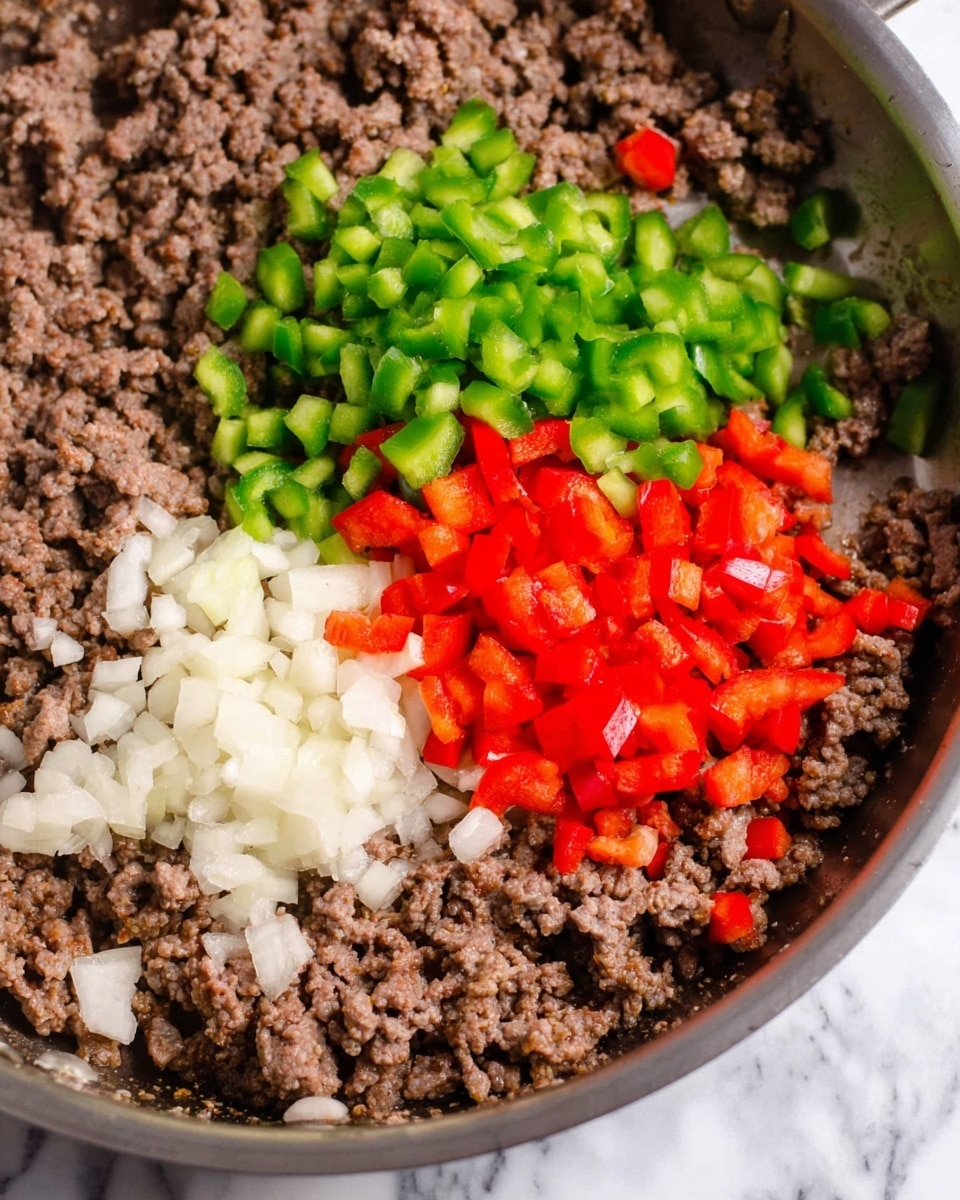 A close-up top view of a metal pan filled with cooked ground beef spread out mostly on the bottom with finely chopped white onions, red bell peppers, and green bell peppers placed in three separate clusters on top in the upper middle part of the pan, all ingredients clearly showing their rough and moist textures, set on a white marbled textured surface photo taken with an iphone --ar 4:5 --v 7