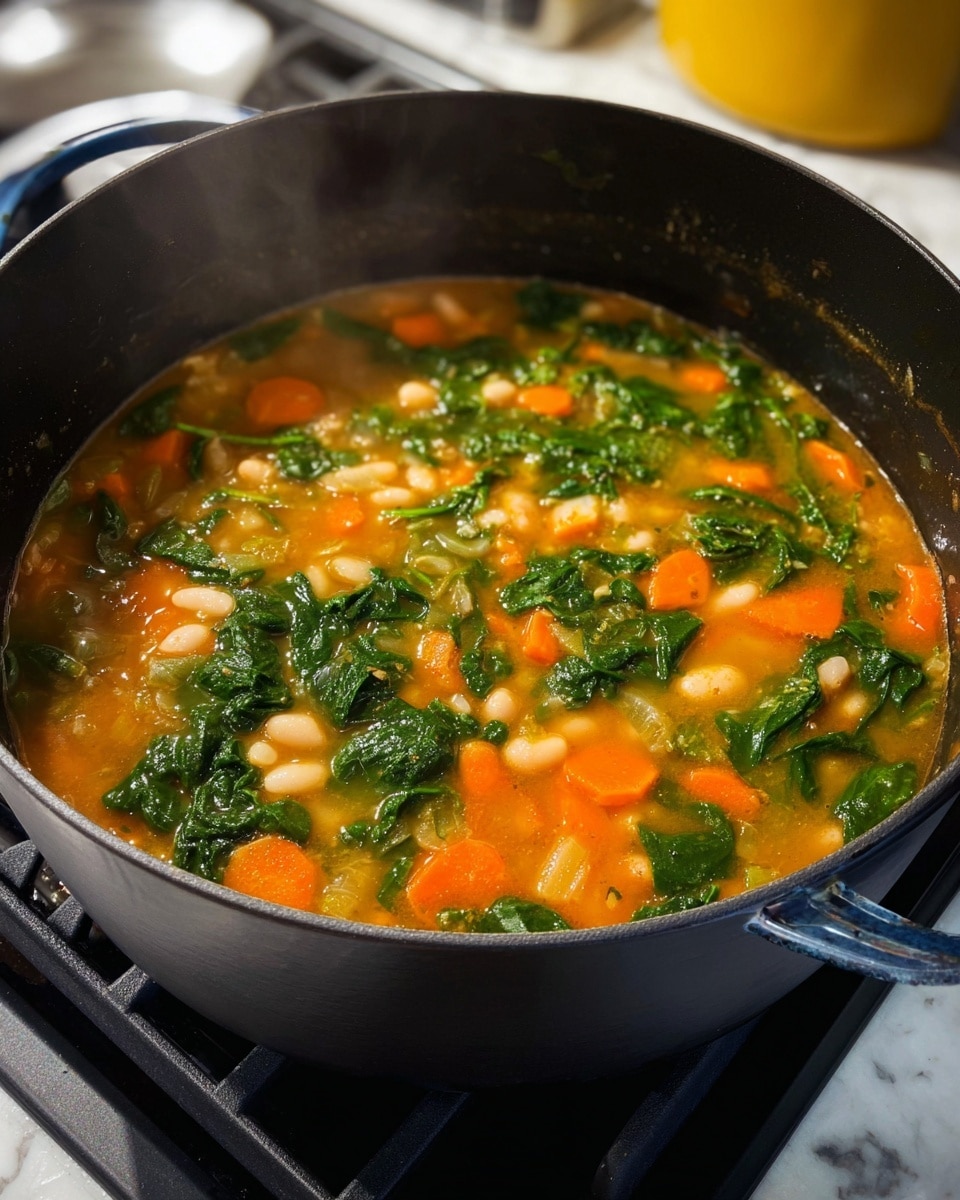 A close-up view of a black pot filled with colorful vegetable soup sitting on a stove with black grates and a white marbled countertop. The soup has several layers of ingredients: bright orange carrot slices and chopped celery pieces floating in a light brown broth. Bright green leafy spinach parts are spread evenly on the top, mixed with white beans that add texture. Steam rises softly from the hot soup, giving a fresh, warm feel. The pot handle is visible with a blue grip and the background shows a yellow object blurred out. photo taken with an iphone --ar 4:5 --v 7