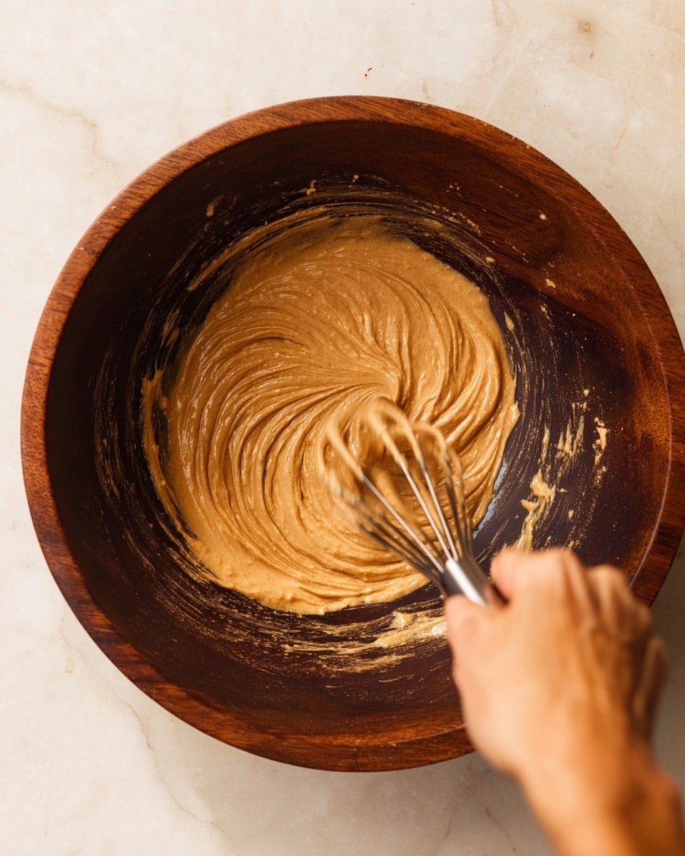 A dark wooden bowl on a white marbled surface holds a thick, light brown, creamy mixture being whisked, creating swirling patterns in the center. A woman's hand is visible at the bottom right, holding a metal whisk actively stirring the mixture, which has a smooth and textured look with some liquid pooling around its edges. The rich color contrast between the dark bowl and the light brown mix highlights the movement and texture of the blending ingredients. Photo taken with an iphone --ar 4:5 --v 7