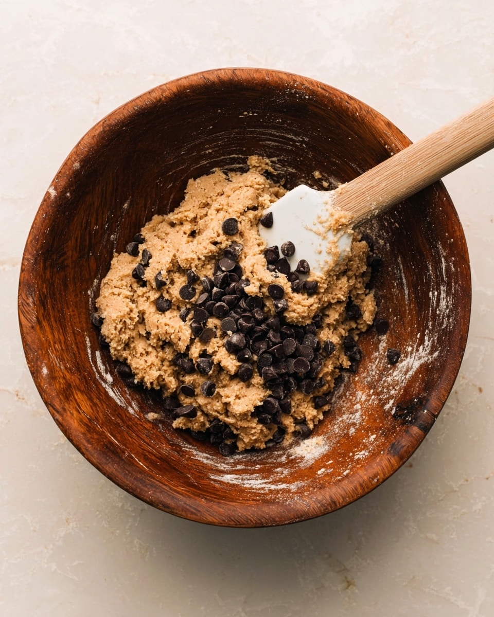 A dark wooden bowl holds a slightly rough, light brown cookie dough mixed with plenty of dark chocolate chips that are scattered unevenly across the dough. A white spatula with dough residue leans inside the bowl, which sits on a white marbled surface. The dough appears thick with a grainy texture, and the inside edges of the bowl show some flour dusting. photo taken with an iphone --ar 4:5 --v 7